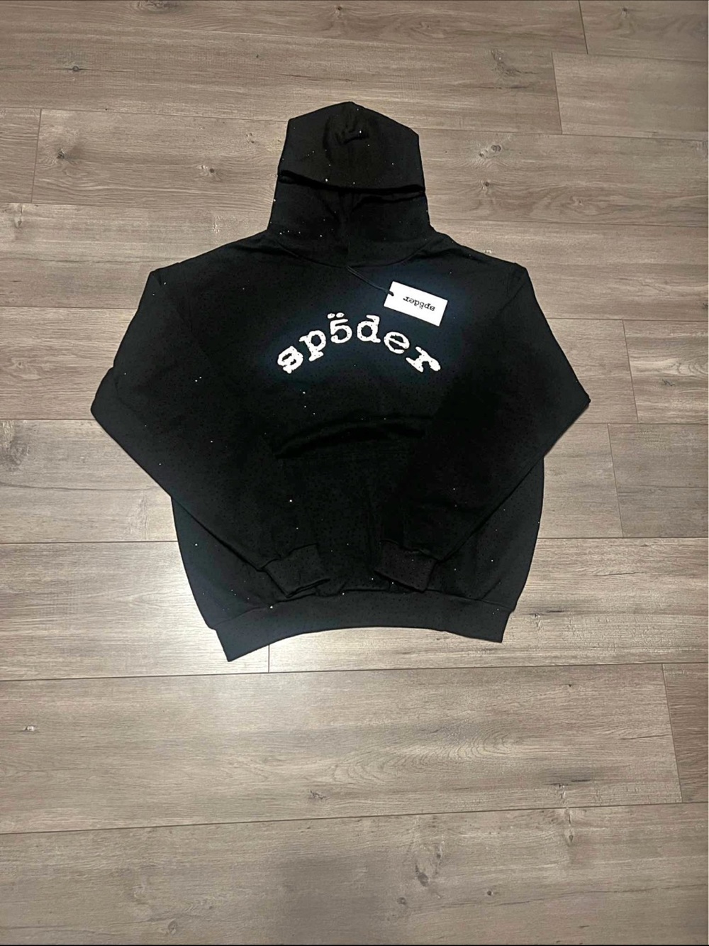 Sp5der rhinestone unisex Black Logo Hoodie - Men's Pullover